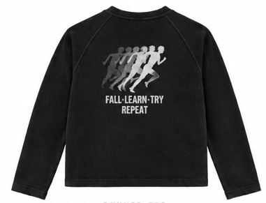 Black AGAIN thermal back with runner progression and FALL LEARN TRY REPEAT text